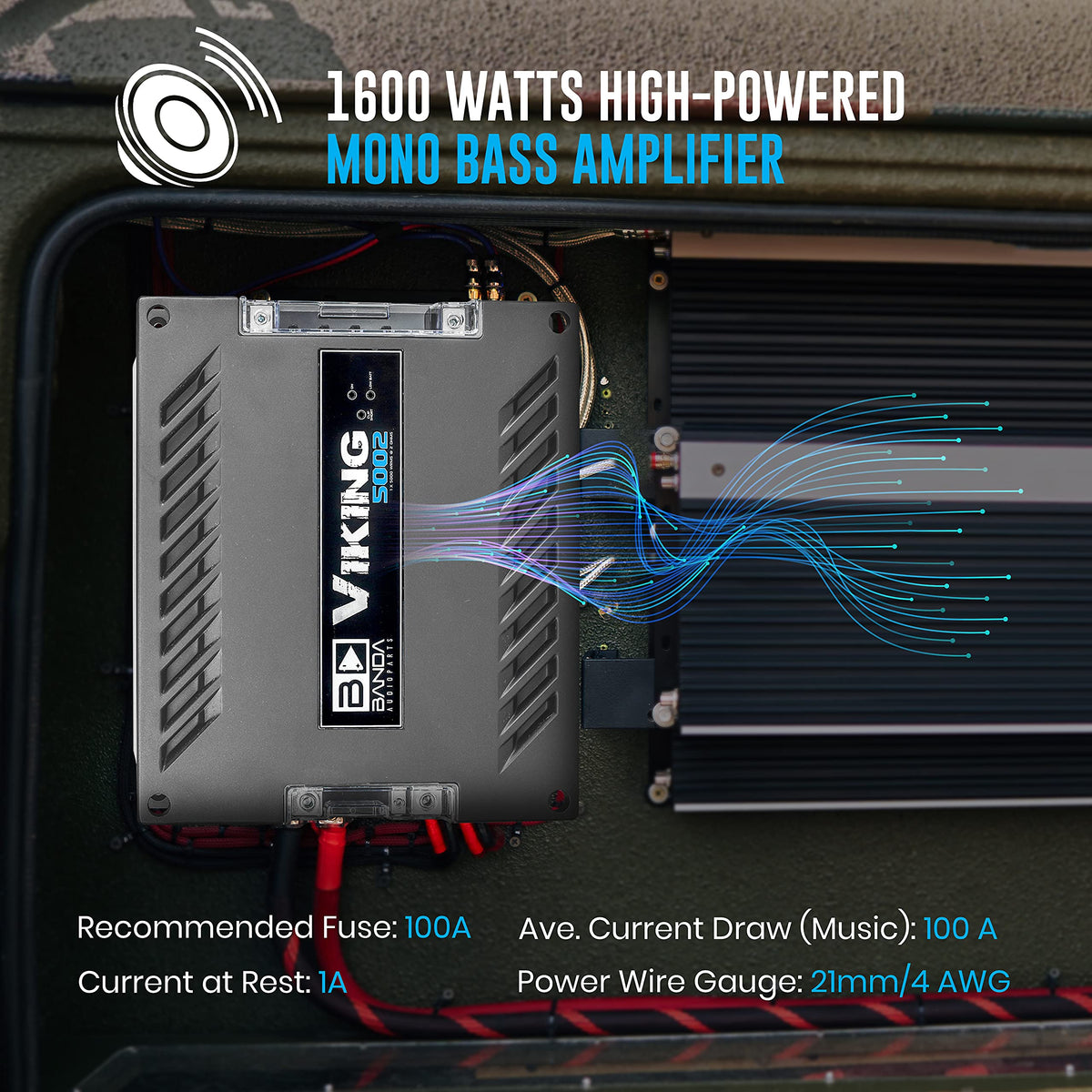 Banda 1-Channel Vehicle Audio Bass Amplifier - High-Powered Mono Bass Amplifier w/Subsonic Filter and Low Pass Filter Stable at 2 ohm, LED Indicators, Sound Specialization - VIKING5002