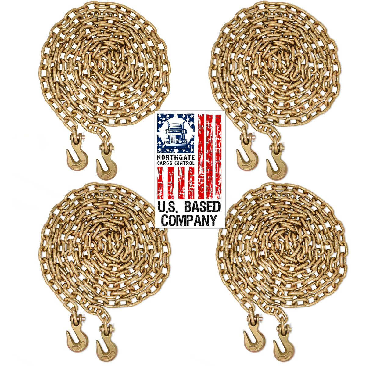 Transport Chain - 3/8" x 10 ft Long, Grade 70 Chain with Clevis Grab Hooks - G70 Load Binder Chain, 6,600 lbs WLL - Pack of 4 (Northgate Cargo Control)