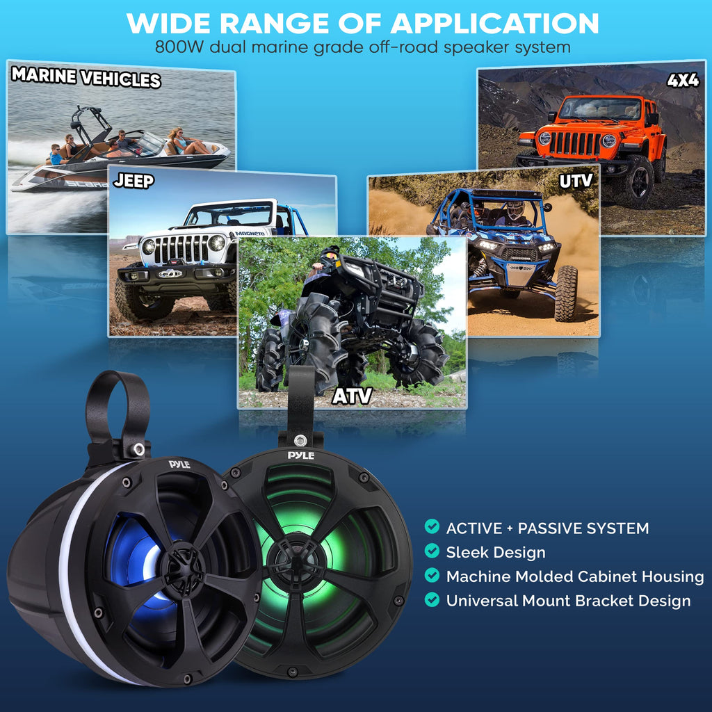 Pyle 1000W Amplified Off-Road Audio System with RGB Lighting, Bluetooth Streaming & Universal Mounts - Waterproof Bluetooth Speaker with Dual 5.25 Marine Speakers for ATV & UTV Use